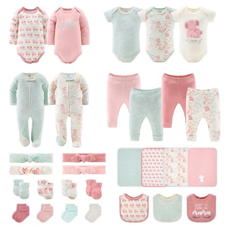 “Pink Elephant & Floral Newborn Clothing & Accessories Set: 30 Piece Layette Gift Set, Fits 0-3 Months.”