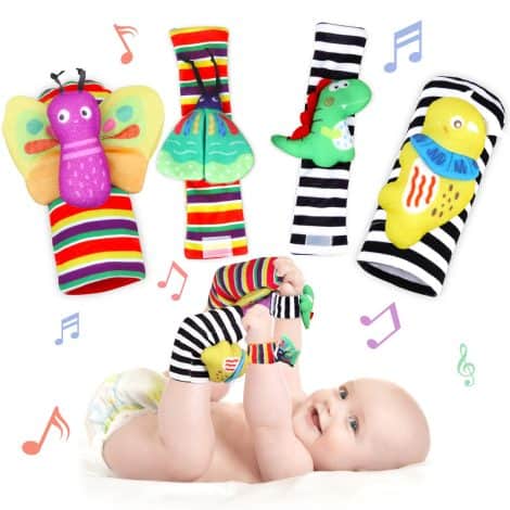 “Baby wrist rattles, foot finder socks set for sensory development; perfect newborn and toddler toys.”