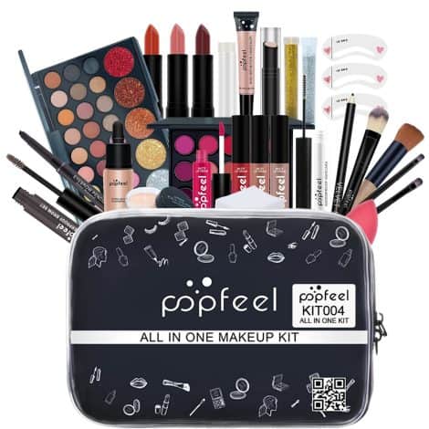 Complete makeup set for women, includes eyeshadow, lip gloss, brushes, foundation, and concealer. The perfect gift!