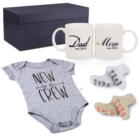 New Parents’ Gift Set for First-Time Moms: Mom and Dad Est 2024 11 oz Mug, Romper, and Baby Socks.