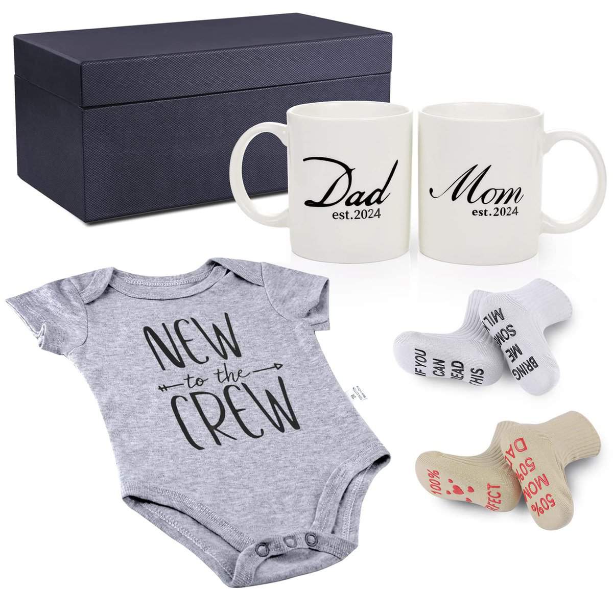 Pregnancy Gifts for First Time Moms – Mom and Dad Est 2024 11 oz Mug Set with Romper (0-3 Months) and Baby Socks ​- Top New Parents Gifts for Mom and Dad to Be