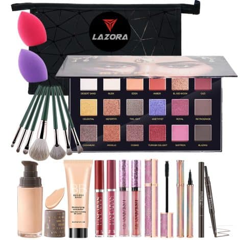 Complete makeup set for women, including eyeshadow, lip gloss, foundation, mascara, and more. Perfect for teens!