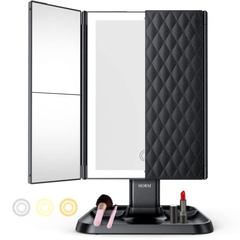 Portable Black Makeup Mirror with 3 Lighting Modes, 72 LED Lights, Touch Control Design, and Magnification.