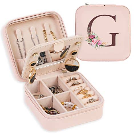 “Stylish travel jewelry box with mirror, perfect for organizing and protecting your precious accessories. Great gift idea!”