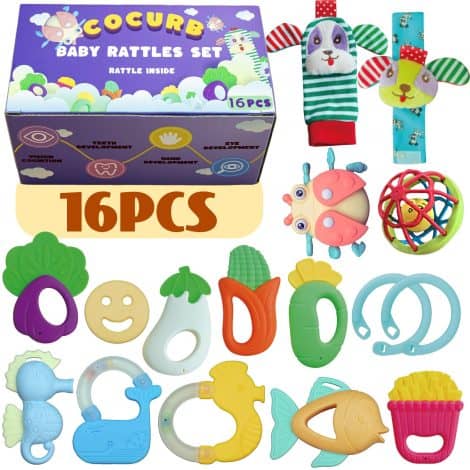 Cocurb 16-Piece Baby Toy Set for 6-12 Months – Teething Toys, Wrist Socks, Perfect Gift for Babies.