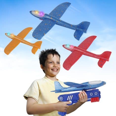 Three-pack of toy airplane launchers with LED foam gliders in two flight modes, for boys and girls ages 3-12.