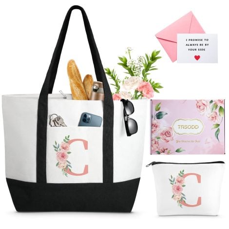 Customized floral initial tote bag, perfect for birthdays, beach outings, bridesmaids, moms, grandmas, with bonus makeup bag.