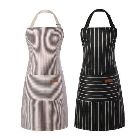 Tosewever Black/Brown Striped Chef Aprons for Women and Men, Adjustable with 2 Pockets – Set of 2.