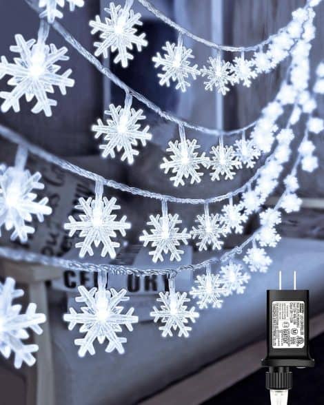 White Snowflake Fairy Lights: 100 LEDs, 32ft long, waterproof. Perfect for festive indoor decorations, Christmas tree, New Year.