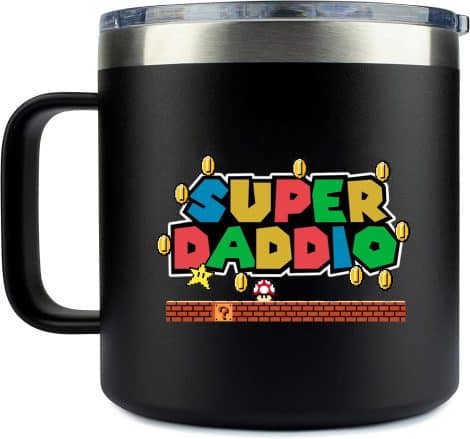 Super Daddio 14oz Mug from YACO STORE: Perfect Christmas or birthday gift for dads, including step dads and new dads, with a Super Mario theme.