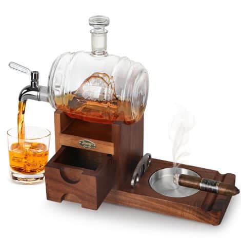 Wooden Cigar and Whiskey Set: Includes Ashtray, Cutter, Drawer, 1000ml Decanter for Bourbon, Rum, Vodka, Brandy. Perfect Men’s Gift.