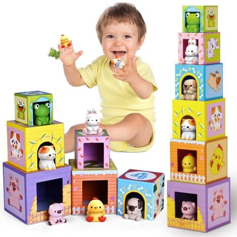 Farm Friends Stacking Blocks: Fun toy set with animals for toddlers ages 1-3; perfect baby gift.