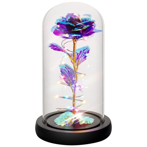 Colorful artificial flower gift for mom, a unique idea for wife, anniversary, birthdays, or Christmas. “Light Up Rose” in glass dome.