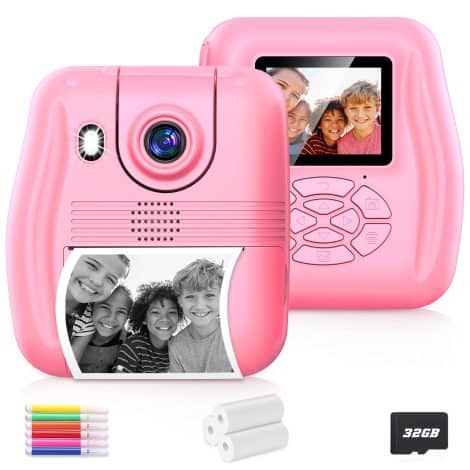 Instant Print Kids Camera, Ideal Christmas/Birthday gifts for 3-12-year-old girls/boys. Selfie digital camera with 12MP, video recording, portable design, pink color. Includes print paper and 32GB SD card.