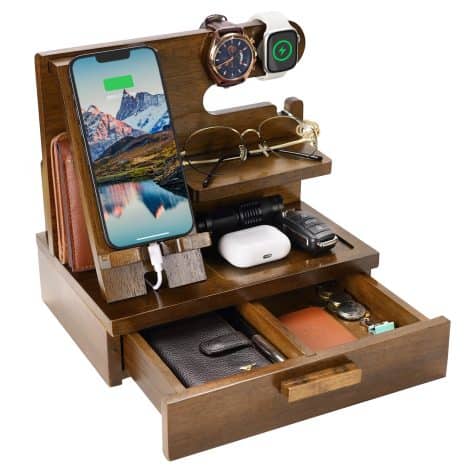 ZAPUVO Wooden Phone Docking Station with Drawer – Stylish, practical gift for him on Christmas, anniversary, or birthday. Perfect stocking stuffer for dad.