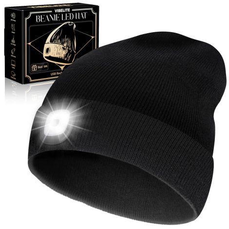 Black rechargeable LED beanie hat with light, perfect Christmas gift for him, dad, boyfriend, or husband.