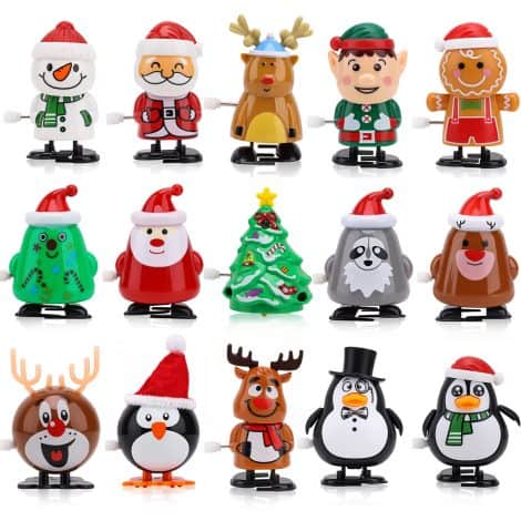 15 Christmas-themed wind-up toys for kids, perfect for stockings, parties, and as small gifts.