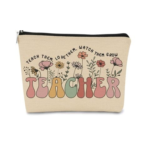 BARPERY Teacher Retro Wildflowers Makeup Bag – A Groovy Floral Cosmetic Bag for Women and Girls. Perfect Teacher Gift!