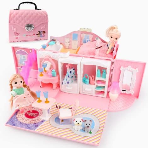 Portable 2-in-1 Dollhouse Playset with Furniture & Figures. Perfect Birthday Gift for 3-6 year old girls.