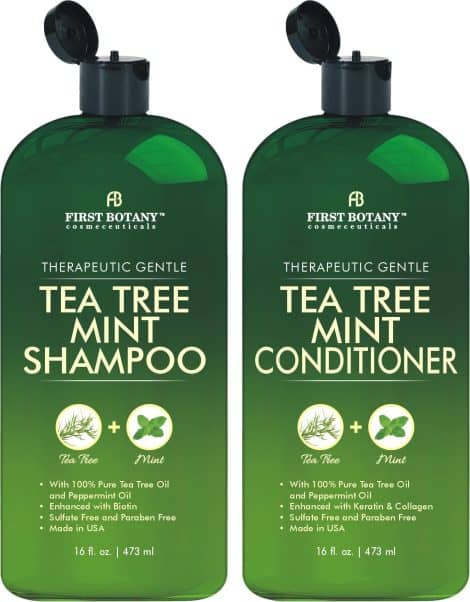 Tea Tree Mint Shampoo and Conditioner combo, enriched with Tea Tree and Peppermint Oil. Promotes hair growth and fights hair loss, dandruff, lice, and itchy scalp. Suitable for both men and women. Sulfate-free. 16 oz x 2.