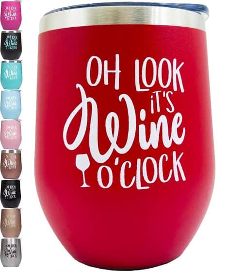 Personalized red travel glass with humorous engraved saying, insulated for optimal wine enjoyment on the go.