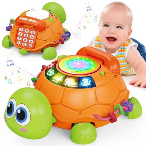 Interactive musical turtle toy for babies aged 6-12 months, aiding early learning with lights and sounds. Great birthday gift!