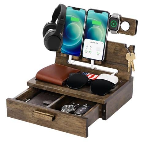 Shop the Funistree Wood Phone Docking Station: a handy nightstand organizer for men, a unique gift idea for Dad, Husband, or Boyfriend.