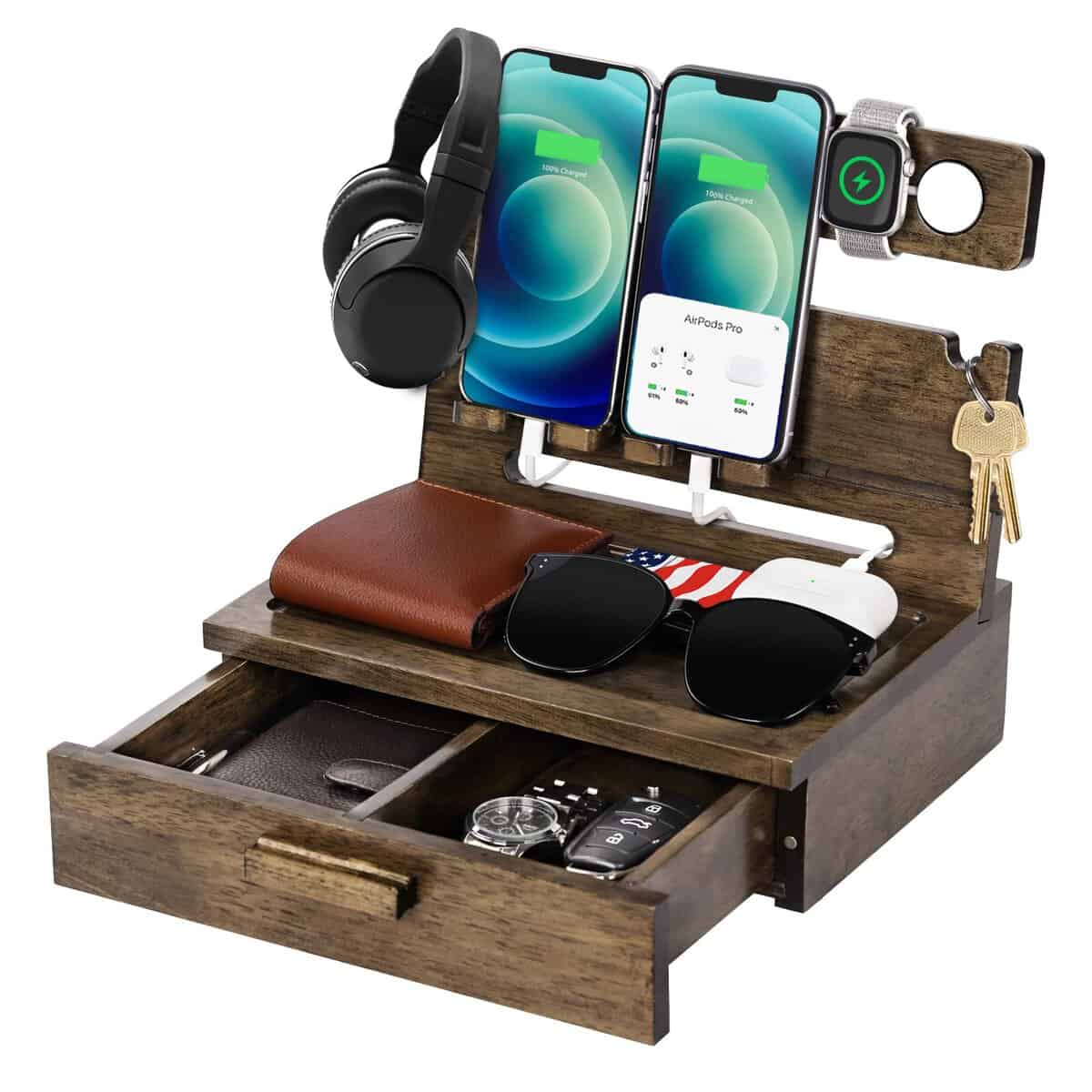 Gifts for Dad Husband Christmas from Daughter Son Wife, Funistree Wood Phone Docking Station with Drawer, Nightstand Organizer for Men, Unique Boyfriend Birthday Xmas Present Idea for Him Anniversary