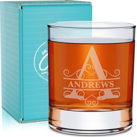 Customized 11 oz whiskey glass with engraved name and monogram makes a perfect gift for men.