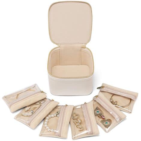 White Vlando Jewelry Travel Case: Compact organizer for your jewelry with 6 velvet pockets, perfect gift for women.