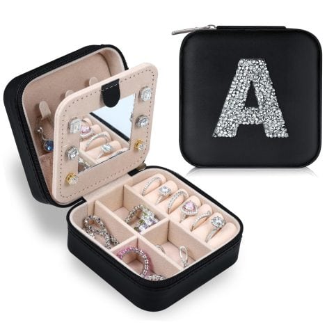 Black personalized small travel jewelry case for women and girls, with an A initial design.