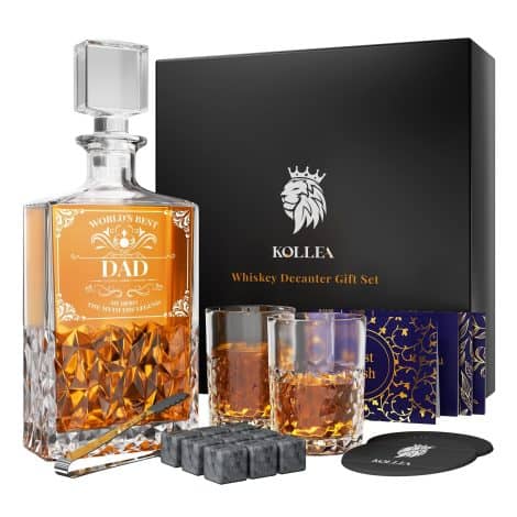 “Father’s Christmas Gift Set: Kollea Whiskey Decanter with 2 Glasses, Whiskey Stones, and Gift Card.”