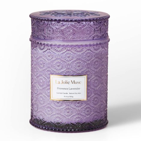 Luxury, long-lasting LA JOLIE MUSE Lavender Candle infused with soy wax, featuring a wood wick for a soothing, aromatic experience. Perfect birthday gift for women.