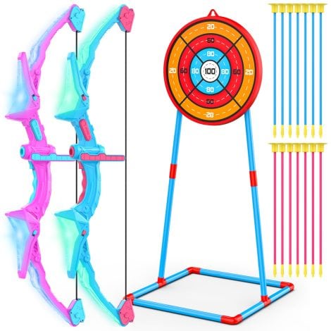 Two sets of children’s bow and arrow toys, with 14 suction cup arrows and a standing target. Ideal for indoor and outdoor play, perfect birthday gift for kids aged 4-10.