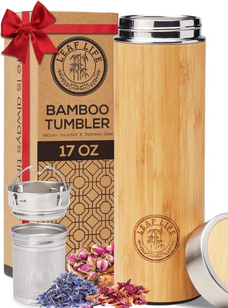 LeafLife Deluxe Bamboo Thermos with Tea Infusers, keeps drinks hot/cold for 12 hours. Perfect gift for women.