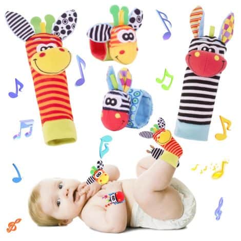 Newborn Sensory Sock Set: Soft wrist and ankle rattles to engage and entertain babies aged 0-12 months.