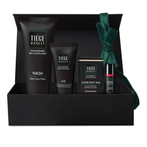 Tiege Hanley Men’s Skin Care Gift Box Set, Bronze – Includes daily face wash, facial moisturizer with SPF 20, bar scrub, and lip balm.