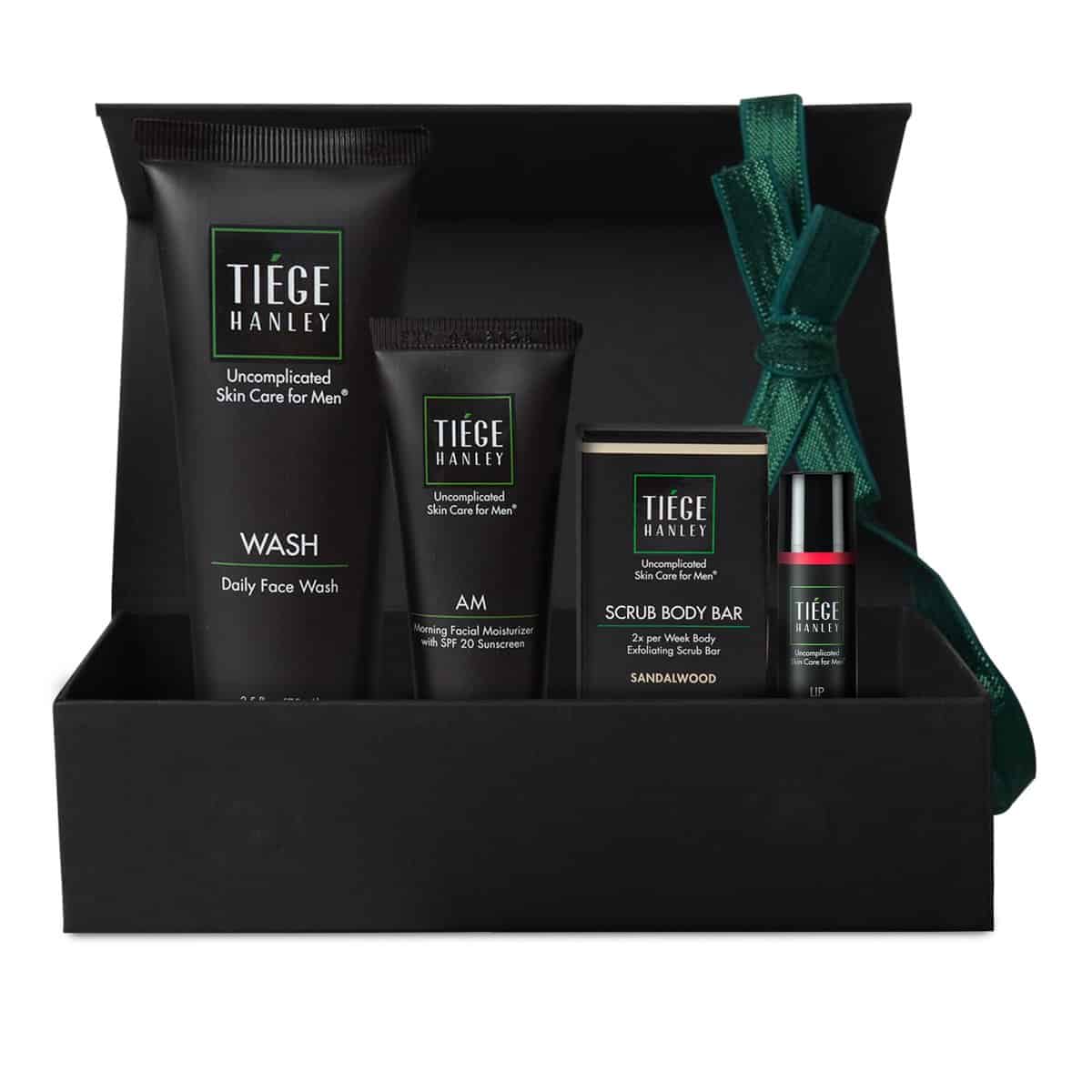 Tiege Hanley Mens Skin Care Gift Box Set, Bronze - Men's Skincare Set Includes Daily Face Wash, Morning Facial Moisturizer with SPF 20 Sunscreen, Body Exfoliating Scrub Bar, & Moisturizing Lip Balm