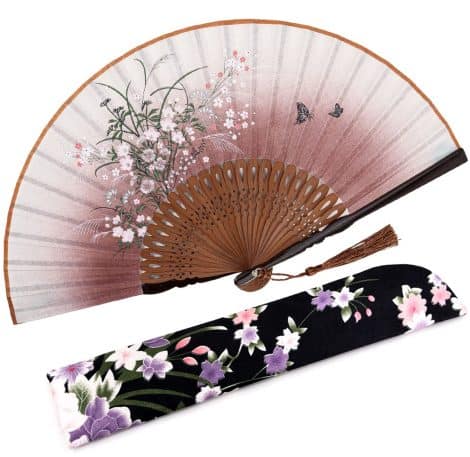 Amajiji Handheld Bamboo Silk Folding Fan – Elegant Vintage Style Gift for Women, in Brown Grassflower.