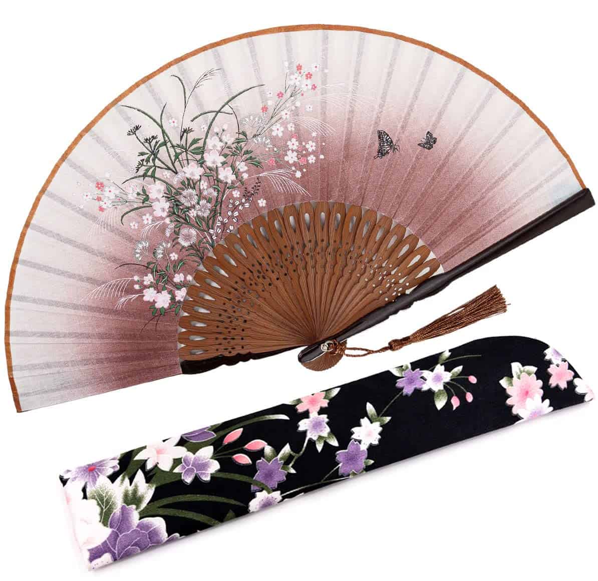 Amajiji 8.27"(21cm) Hand Held Bamboo Silk Folding Fan Hand Fan,Chinese/Japanese Charming Elegant Vintage Retro Style,Women Ladys Girls Best Gifts (Brown Grassflower)