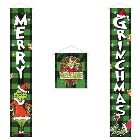 Festive Holiday Décor Set: Christmas Porch Banner, 3pc Door Banner, Indoor/Outdoor Party Decorations for Fireplace or Wall.