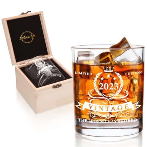 Funny retirement gift for men, a 12 oz whiskey glass in a valued wooden box.