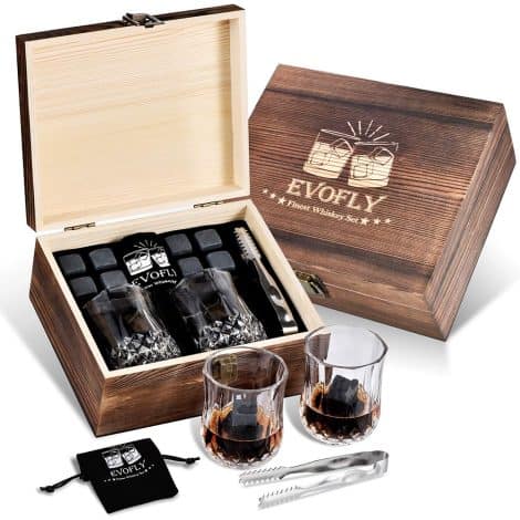 Unique whiskey gift set with stones, glasses, perfect for dad, husband, or any whiskey enthusiast on special occasions.