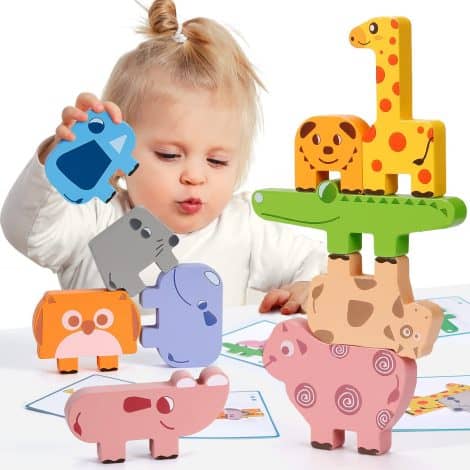 Educational animal stackable toy set with 10 wooden blocks to enhance fine motor skills for toddlers aged 2-4.