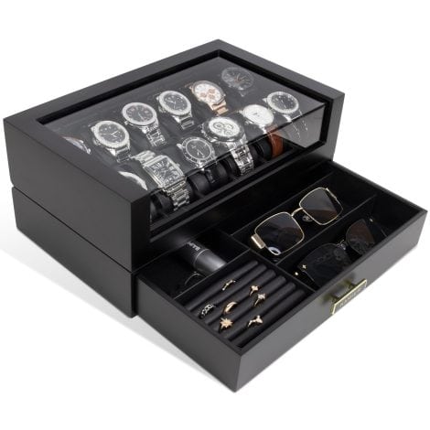 KAMIER Black Wooden Watch Box: 12-Slot Organizer with Drawer and Watch Holder, Perfect for Men