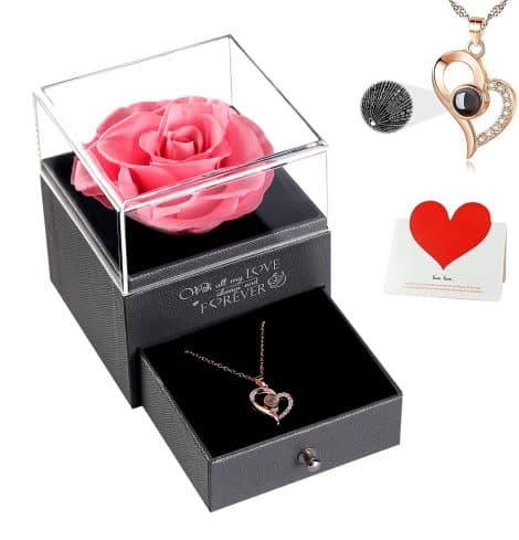 Eternal Pink Roses: Perfect Womens Gifts for Christmas, Mom Birthday, or Valentines Day – With Heart Necklace.