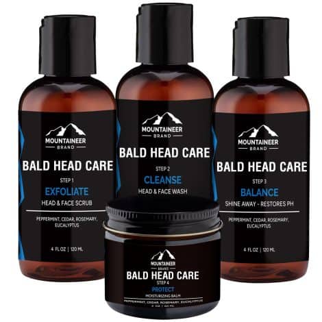 Mountaineer Brand Gift Set for Bald Men: Complete 4 Step Natural Scalp & Face Care – Scrub, Cleanse, Balance, Moisturize.