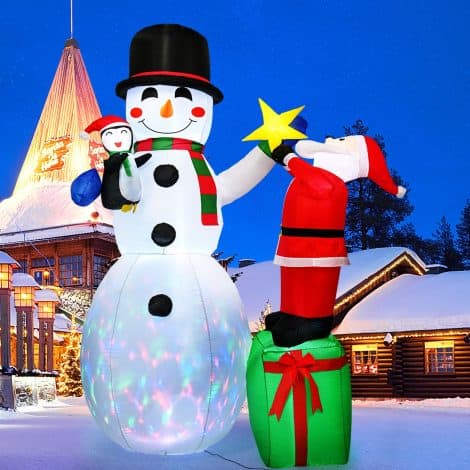 7.6 Foot Outdoor Christmas Inflatables, Keten Inflatable Snowmen with Colorful Lights, Santa, and Penguin for Festive Decor.