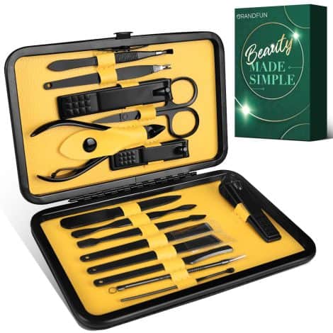 15-piece professional manicure set with nail clippers, files, tweezers, scissors, and travel case. Perfect Christmas gift for men and women.