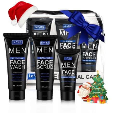 Men’s Grooming Kit: Le Vital Essential Skin Care Set – Face Cleanser, Scrub, and Moisturizer. Perfect gift for men!